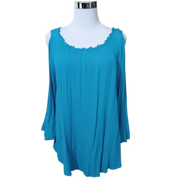 CHICO'S 1 Crinkle Gauze Top Blouse‎ M Turquoise Blue Cold Shoulder Flare Sleeve - Picture 9 of 10
